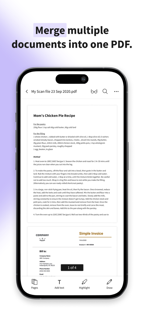 Interface of Smallpdf app demonstrating how to merge a recipe and an invoice into one PDF