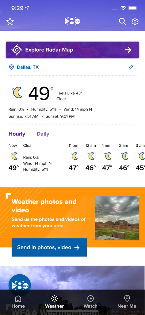 Previsão meteorológica local e mapa de radar no aplicativo WFAA News para Dallas, Norte do Texas.