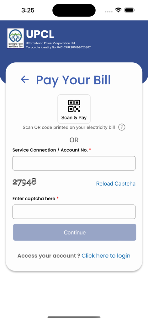 UPCL Pay Your Bill screen with options to scan a QR code or enter a service connection number manually.