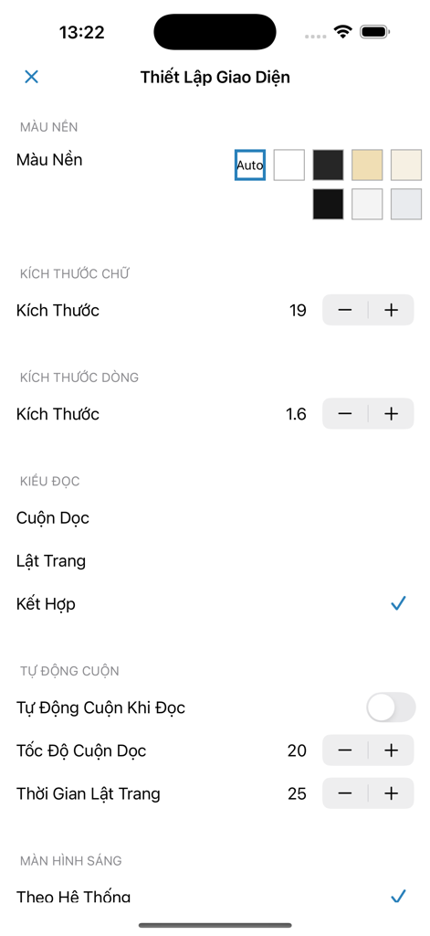 Customization settings in the TYT app for background color font size and auto scroll features