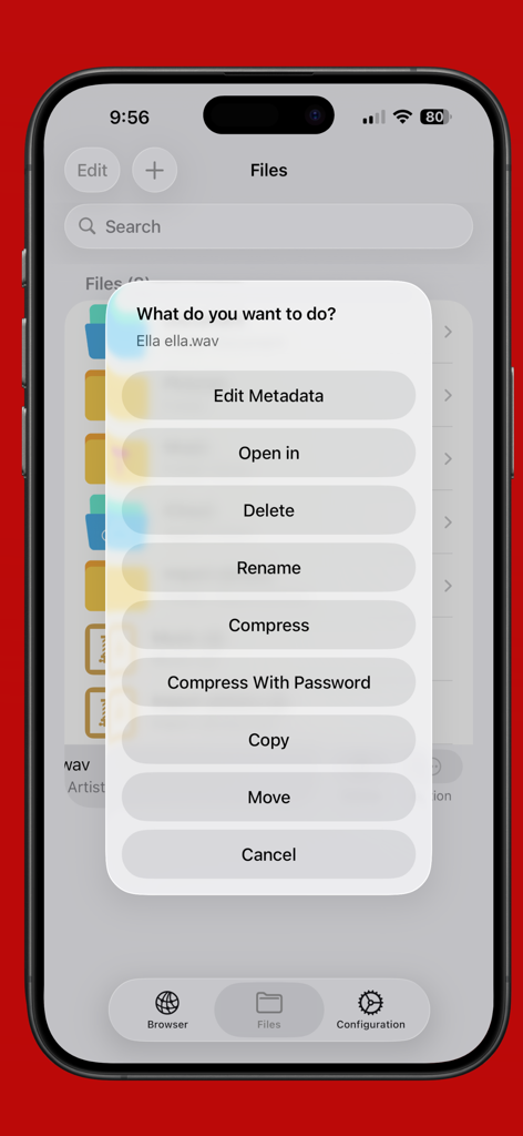 Tela do aplicativo eFiles Pro exibindo um menu de contexto com opções de gerenciamento de arquivos, incluindo editar metadados, compactar e renomear