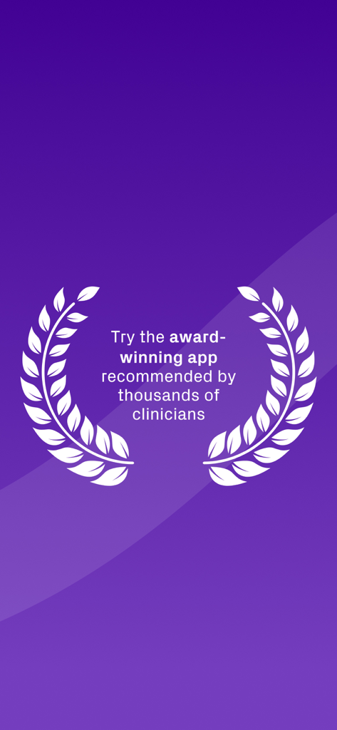 Un icono de premio con texto que indica que Constant Therapy Clinician es recomendado por miles de médicos sobre un fondo morado