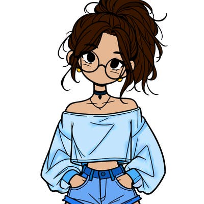 girl with a messy ponytail glasses a baggy crop top and jean shorts