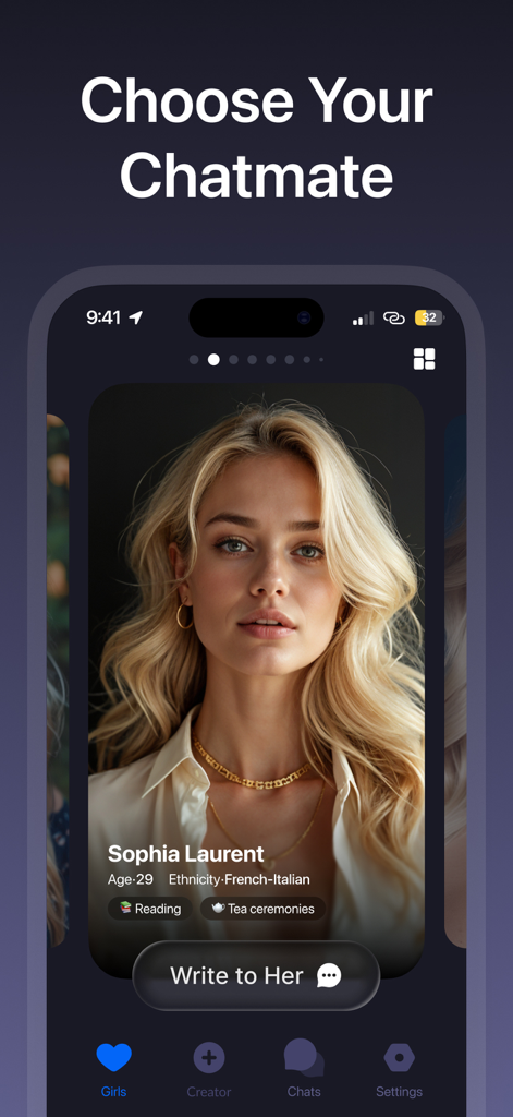 Interfaz de la aplicación Novia IA que muestra el perfil de una compañera virtual llamada Sophia Laurent con su edad e intereses.