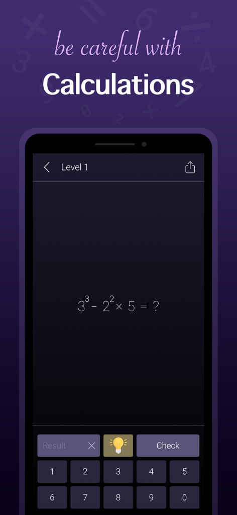 Math: Riddles and Puzzles - Math Riddles and Puzzles app screenshot showing a level one calculation problem with a numeric keypad
