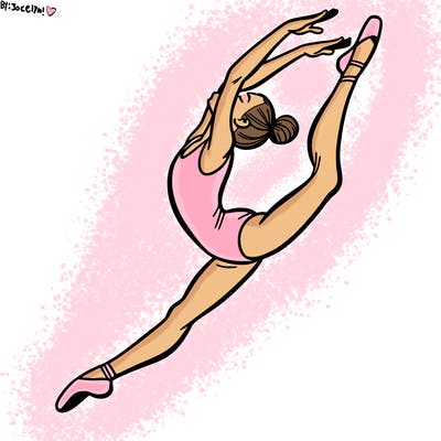 gymnast doing a leap in a leotard with a bent back leg