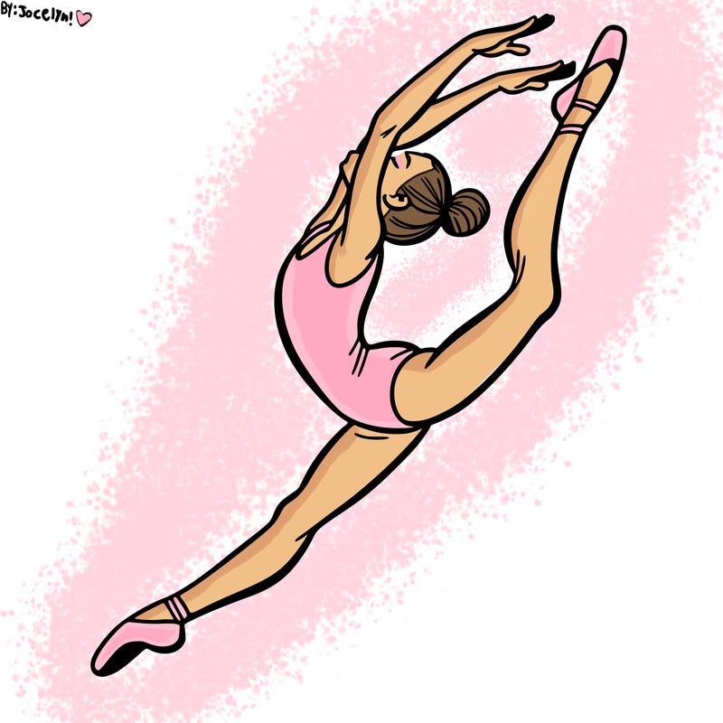 gymnast doing a leap in a leotard with a bent back leg