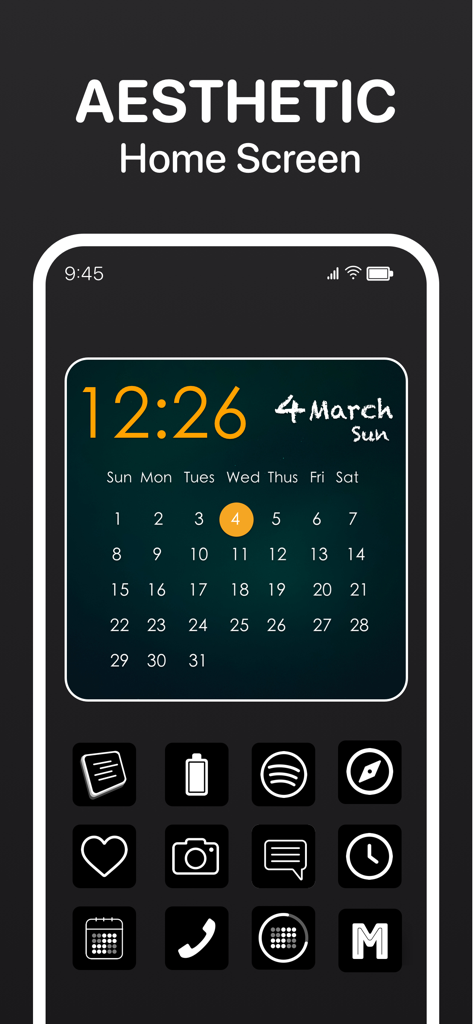 Calendar Widget - Date Widgets - Aesthetic iPhone home screen featuring a custom dark mode calendar widget and minimalist app icons.