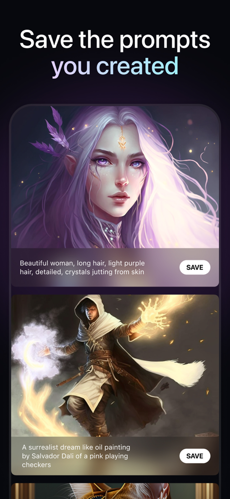 AI Art : Photo Video Generator - Pantalla de la aplicación que muestra retratos de fantasía generados con la opción de guardar las indicaciones de texto creativas utilizadas para crearlos