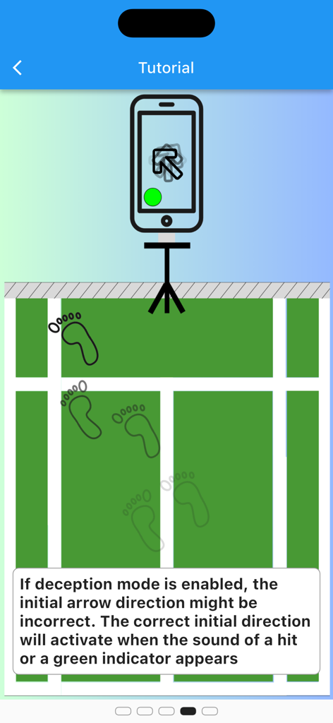 Tutorial screen for FeatherStep app showing how to use the deception mode for badminton footwork training with a phone tripod at the net