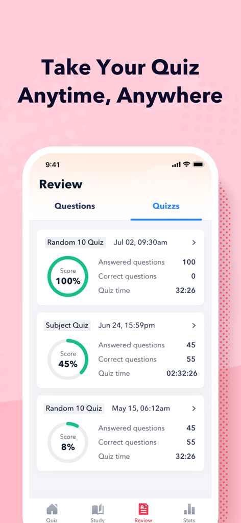 APICS CSCP Exam Prep: 2026 - Interfaccia di un'app mobile che visualizza una revisione dei punteggi dei quiz passati e dei progressi di studio per l'esame APICS CSCP.