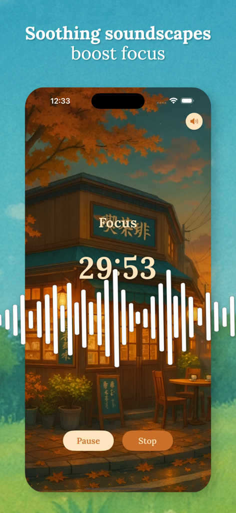 Nori - Cozy Focus Friend - A cozy focus timer screen in the Nori app featuring a Japanese cafe background at sunset with an active soundwave visualizer.