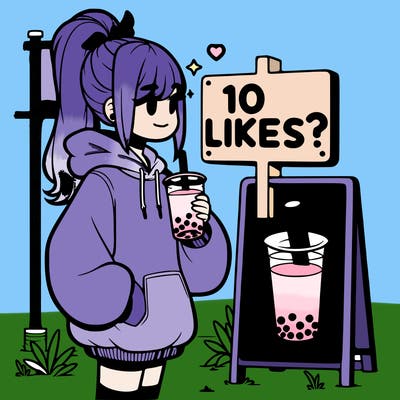 girl with oversized hoodie drinking boba and she has a high ponytail with a sign that says 10likes?