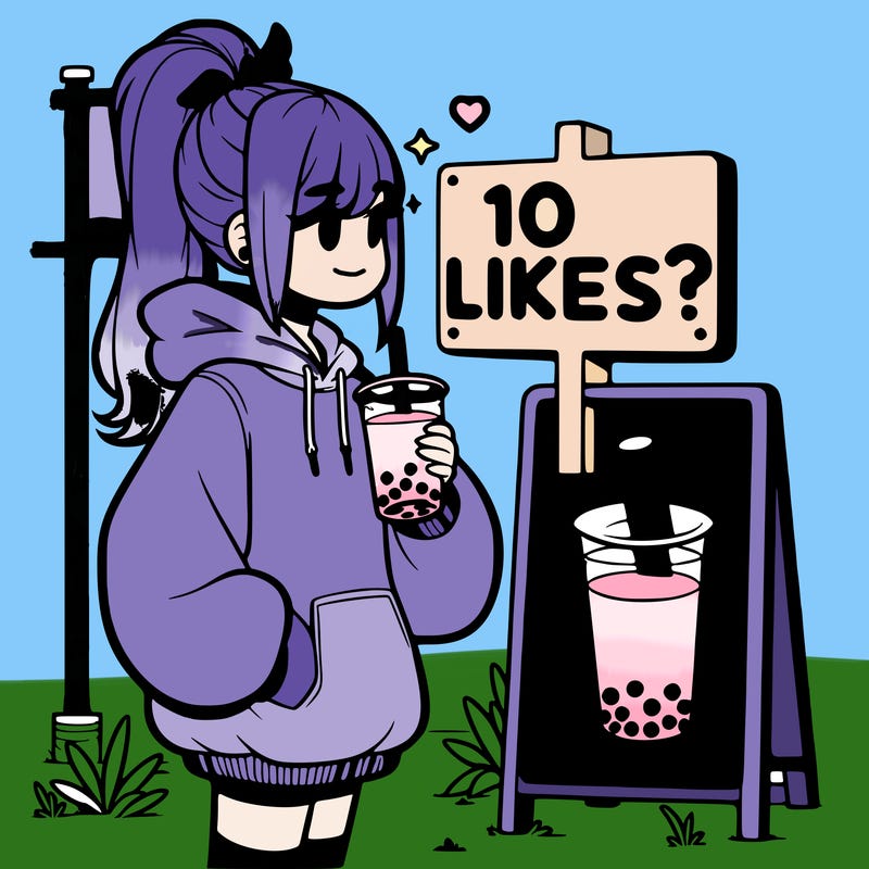 girl with oversized hoodie drinking boba and she has a high ponytail with a sign that says 10likes?