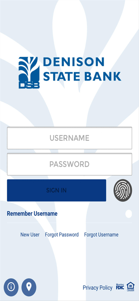 DSB Mobile - Anmeldebildschirm für die mobile App der Denison State Bank mit Feldern für Benutzername und Passwort