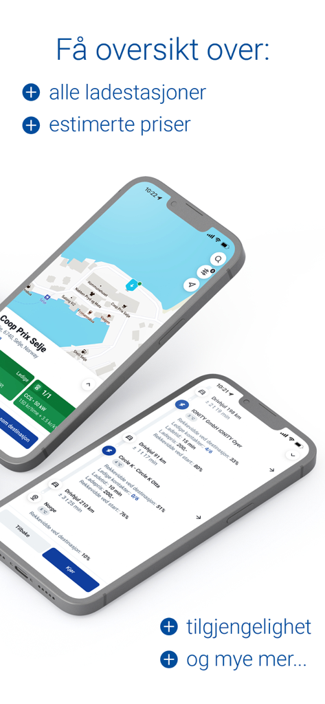 Mobile Anwendung, die EV-Ladestationen auf einer Karte und einen Reiseplaner mit Ladestopps und geschätzten Kosten anzeigt.