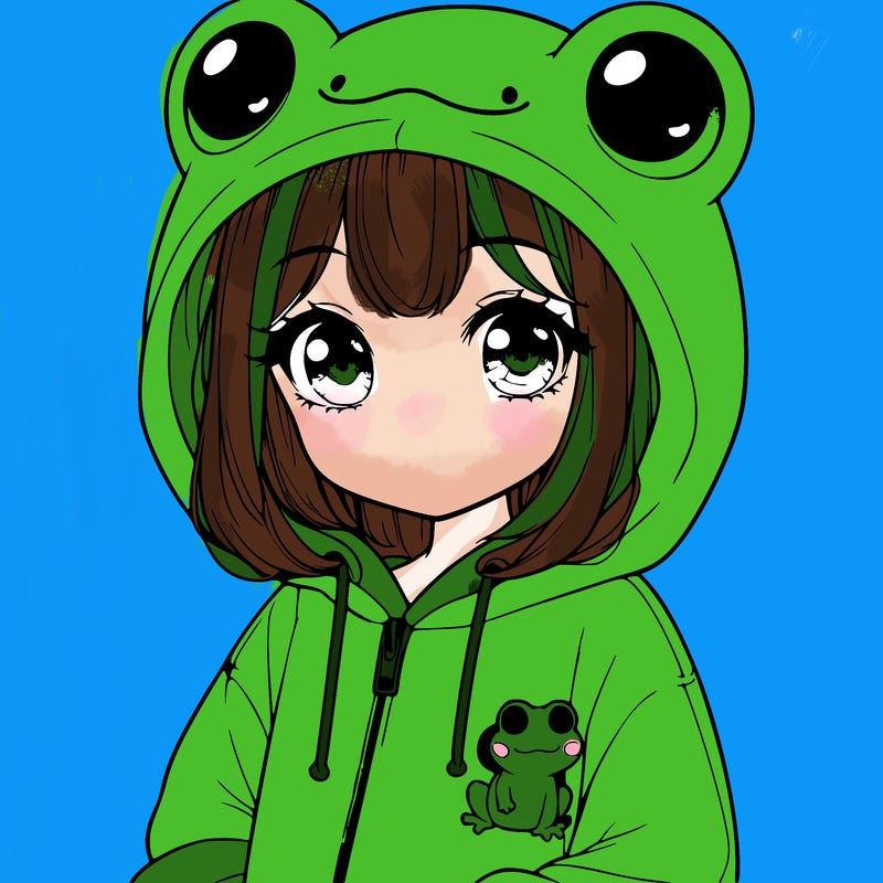 cute realistic girl in a froggy hoodie