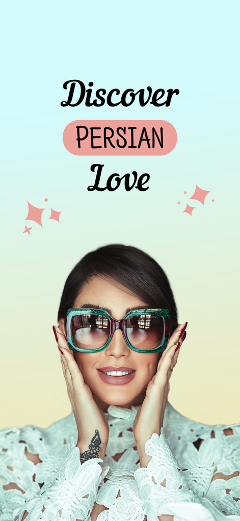Azizam - Persian Dating App - Startbildschirm der Azizam Dating-App für Perser mit einer stilvollen Frau und dem Text Entdecke persische Liebe