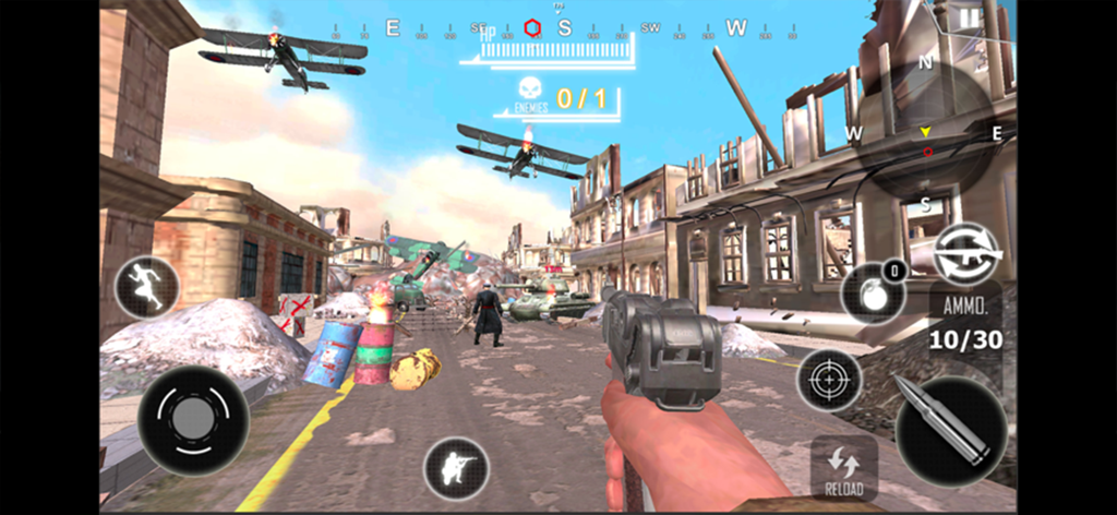 World War Survival Saga - Vista en primera persona de un juego de supervivencia de la Segunda Guerra Mundial con biplanos y tanques en una ciudad en ruinas