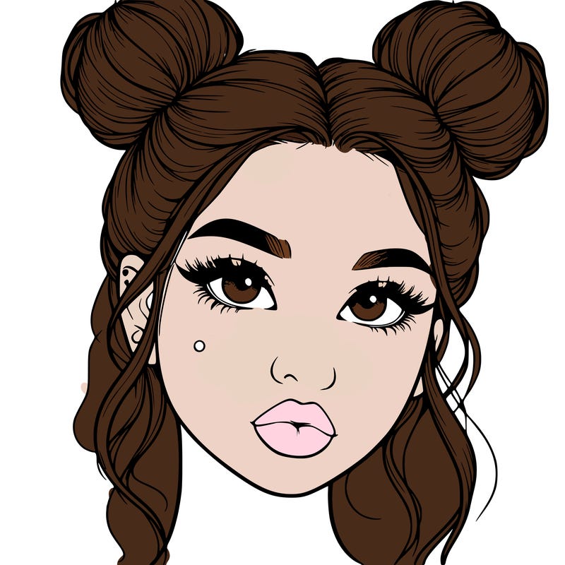 realistic girl with two buns on her hair and lips