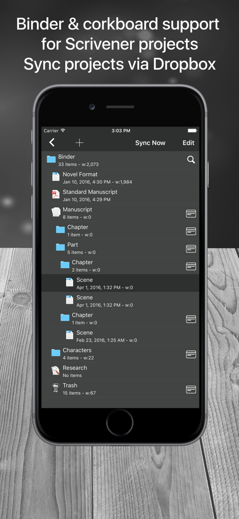 Interfaccia mobile di Scrivo 4 che mostra un raccoglitore di progetti Scrivener con capitoli e scene