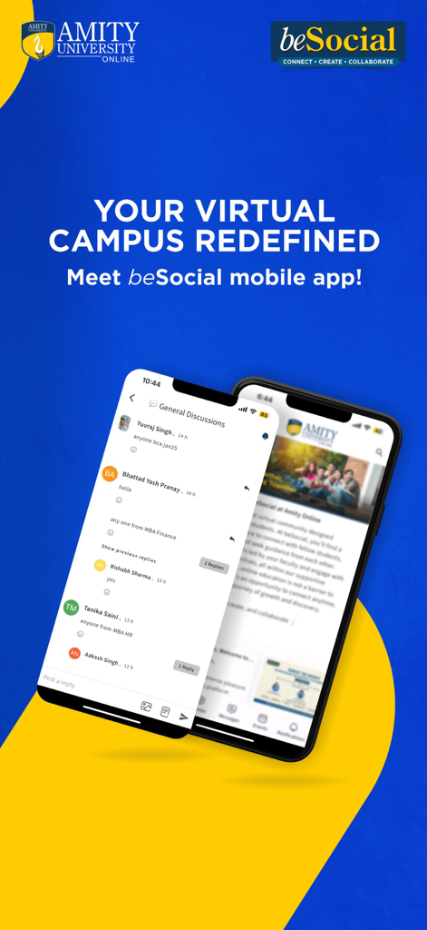 beSocial at Amity Online - A promotional display for the beSocial mobile app showing a general discussion forum for Amity Online students