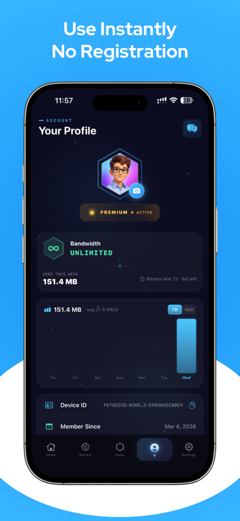 Gamer VPN: Proxy, Game Booster - User profile interface of Gamer VPN showing unlimited bandwidth status and weekly data usage statistics