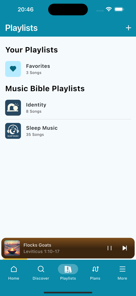 Music Bible: Scripture Songs - The playlists screen of the Music Bible app showing favorites and themed scripture song collections like Identity and Sleep Music.