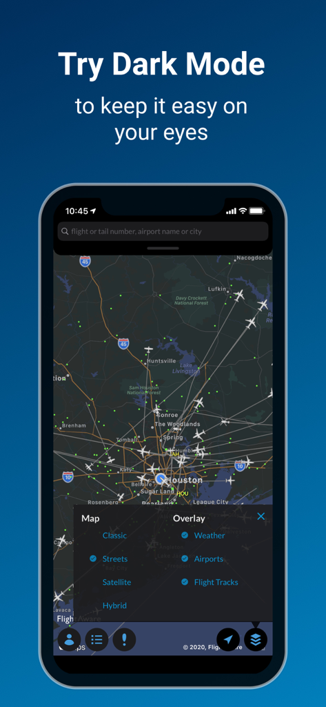FlightAware Flight Tracker - FlightAware app screenshot showing flight tracking map in dark mode with weather and airport overlays
