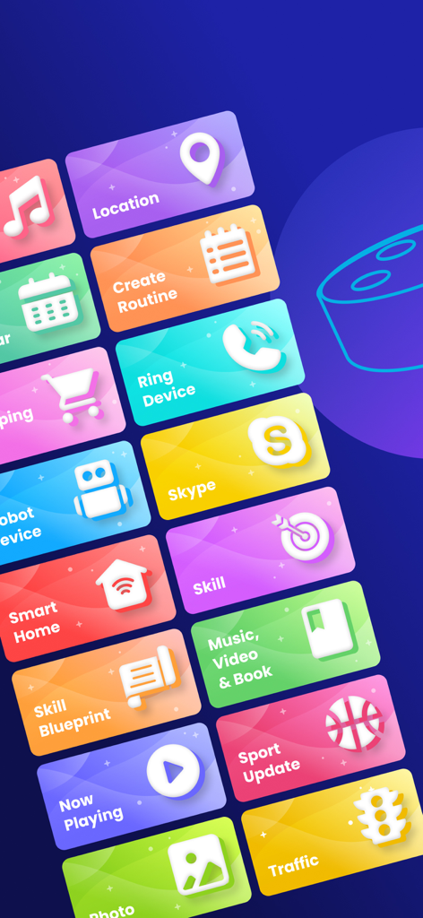 Voice Control for Assistant - Un menú de coloridos mosaicos que muestran categorías para comandos de voz del asistente como música para el hogar inteligente y rutinas