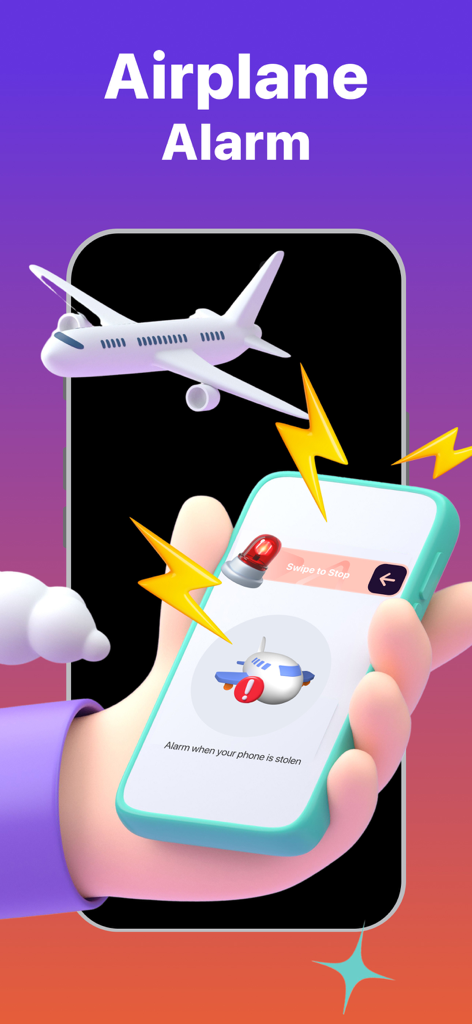 Mobile screen displaying the airplane alarm feature of the Don't Touch My Phone app