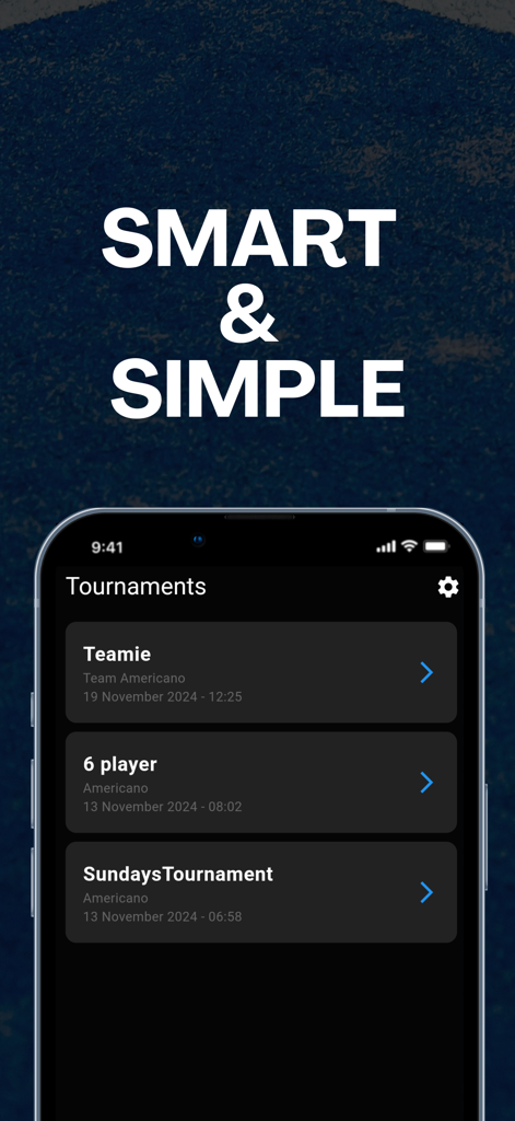 Padel Master - Americano - Interfaz de la aplicación Padel Master mostrando una lista de torneos Americano y por equipos organizados en un smartphone