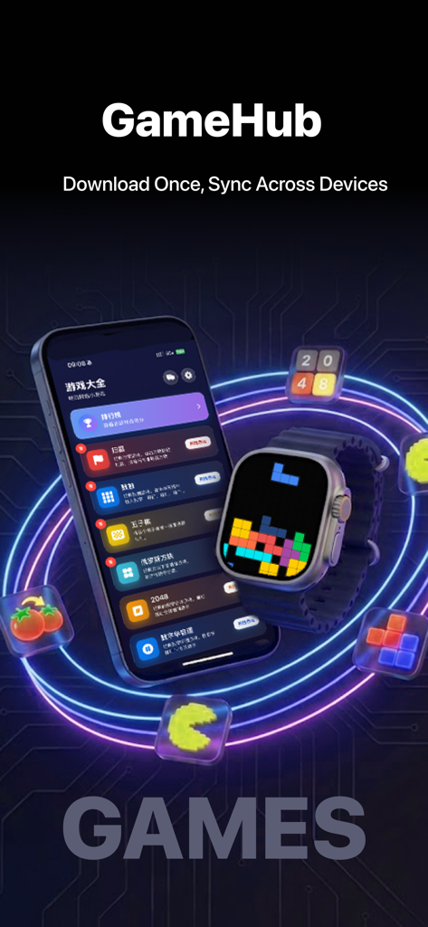 GameHub - Mini Games for Watch - Apple Watch and iPhone displaying GameHub mini games with device sync feature