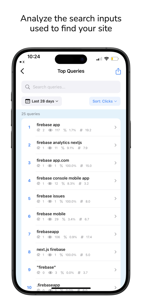 Eine mobile App-Oberfläche, die eine Liste der Top-Suchanfragen mit Klick- und Impressionen-Daten anzeigt