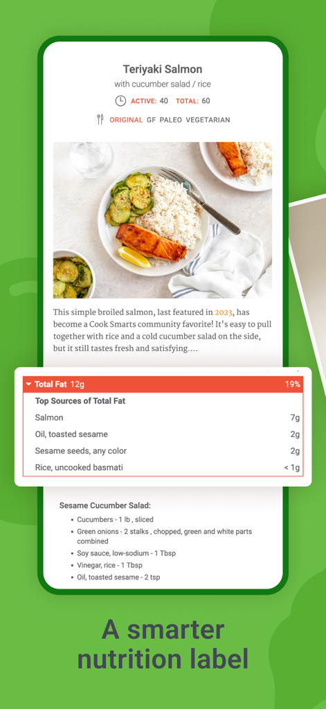 Cook Smarts - Easy Meal Plans - A mobile screen showing a Teriyaki Salmon recipe with a smart nutrition label breakdown of fat sources.