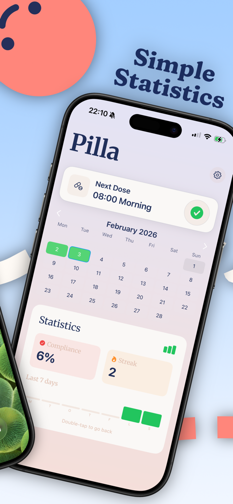 Pilla - Pill Reminder & Meds - Interface de l'application Pilla montrant la conformité des statistiques de médicaments et le suivi des séries