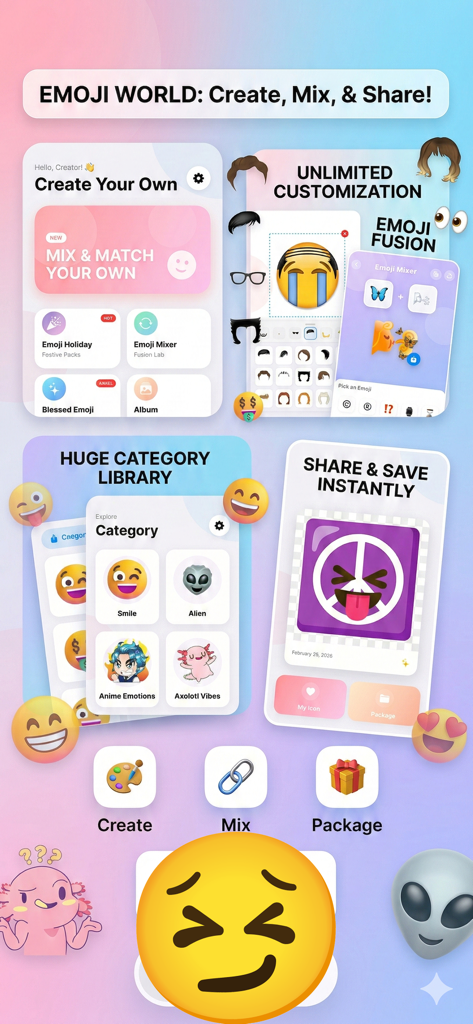 Pantalla promocional de la aplicación Emoji Maker que muestra funciones para crear stickers personalizados, fusión de emojis, biblioteca de categorías y uso compartido instantáneo.