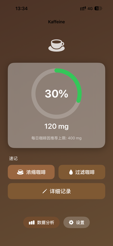 Kaffeine - Kaffeine app dashboard displaying daily caffeine consumption and a circular progress chart.