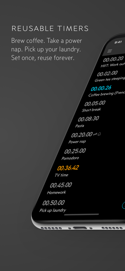 Reusable countdown timers in the Due app for common tasks like brewing coffee and power naps.