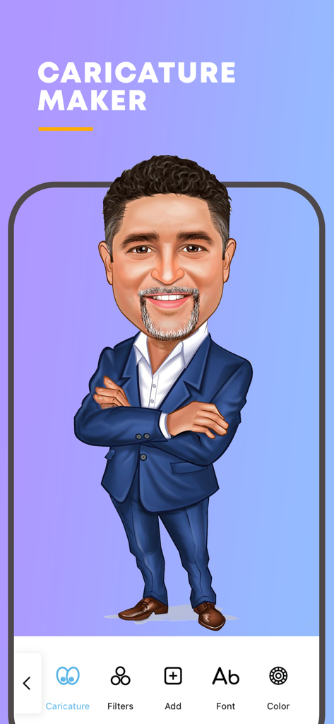 Face Caricature -Cartoon Photo - Uma caricatura em desenho animado de um homem sorridente em um terno azul dentro da interface do aplicativo Criador de Caricaturas.