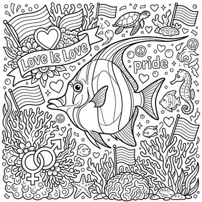 Unveil a world of vibrant expression with this unique coloring page featuring a majestic Moorish Idol fish surrounded by symbols of Pride. Perfect for celebrating love, diversity, and the beauty of underwater life.