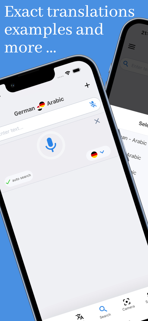 Die Benutzeroberfläche der arabdict-Wörterbuch-App zeigt die Sprachsuche für die deutsche und arabische Übersetzung an.