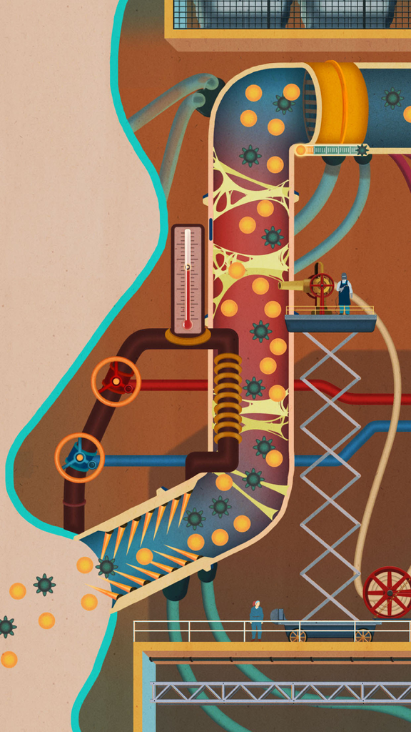 Homo Machina - Vintage mechanical illustration of the human nasal passage as an industrial factory