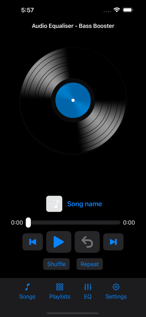 Audio Equaliser - Music player screen of the Audio Equaliser app featuring a vinyl record graphic and playback controls
