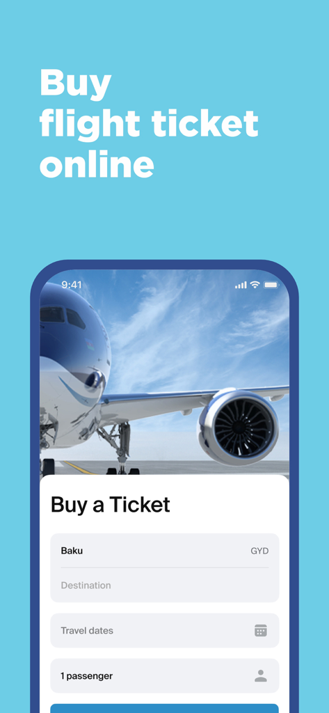 AZAL - Book Flight Ticket - AZAL app booking screen showing fields for selecting flight destination travel dates and passenger count