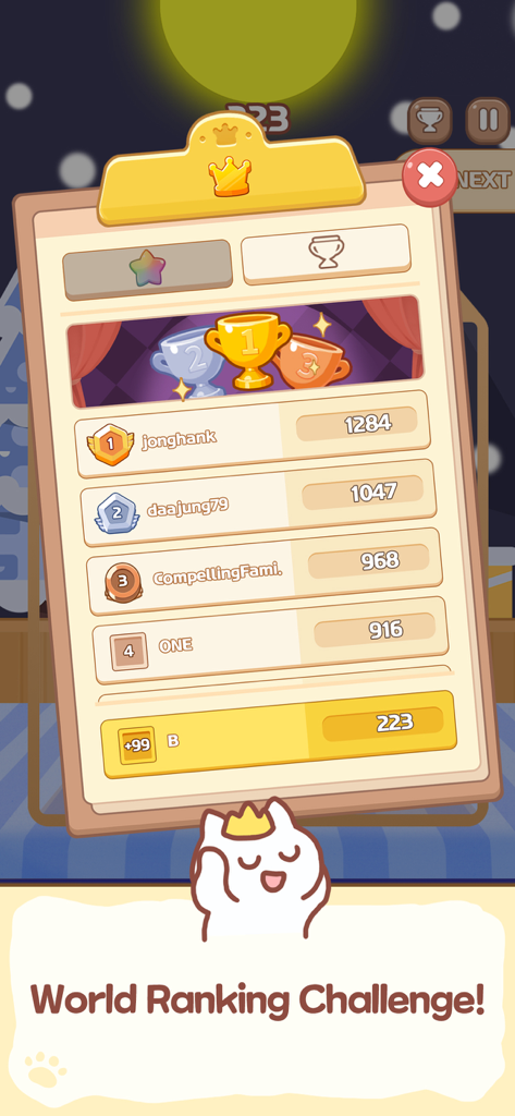 Melon Maker Merge Fruits world ranking leaderboard screen showing top players and scores