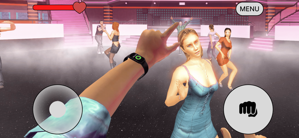 First person view of a character in a nightclub dance floor with action game controls