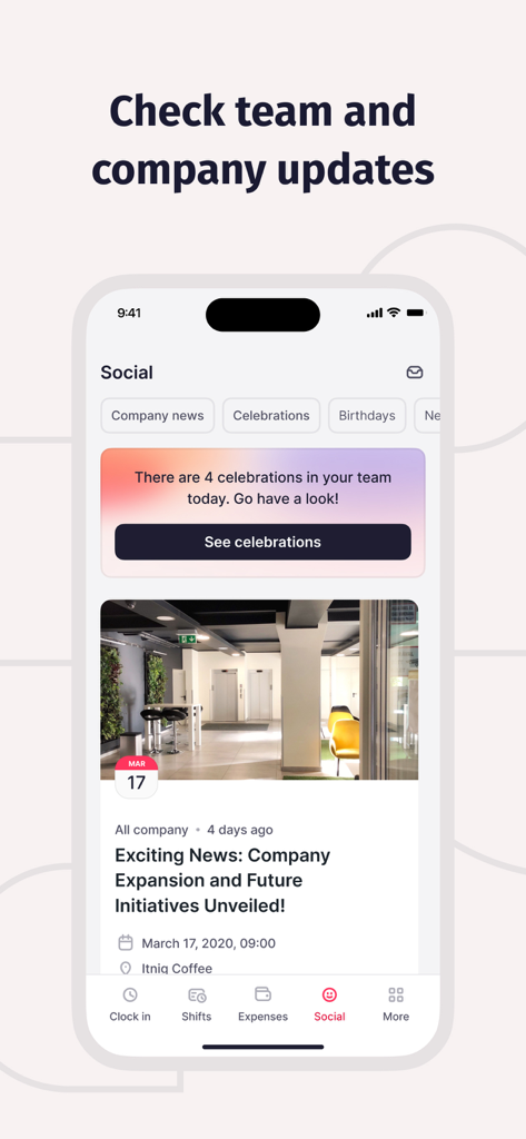 Factorial - Factorialアプリのソーシャルフィード。会社のニュースやチームのお祝いが表示されています。