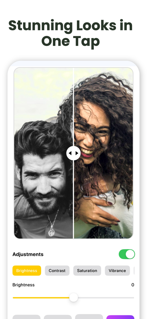 Photo Background Remover AI - A mobile app interface displaying photo adjustment tools for brightness and contrast with a before and after comparison