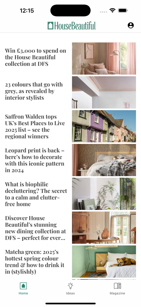 Home screen of the House Beautiful UK app showing interior design articles and home decor ideas